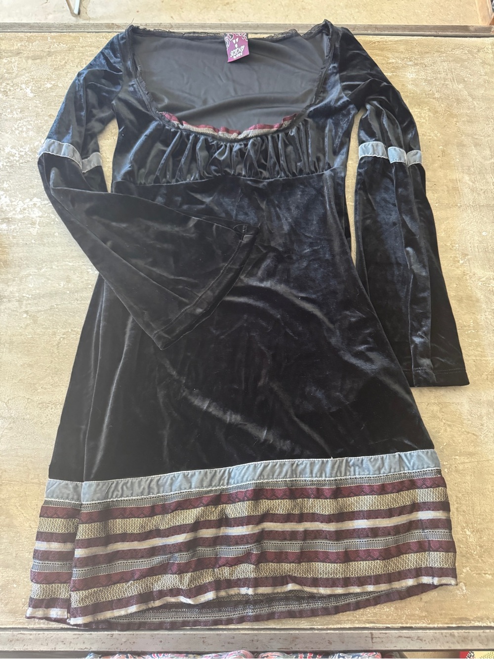 Gothic Black Velvet Long Bell Sleeve  Dress with Striped Hem